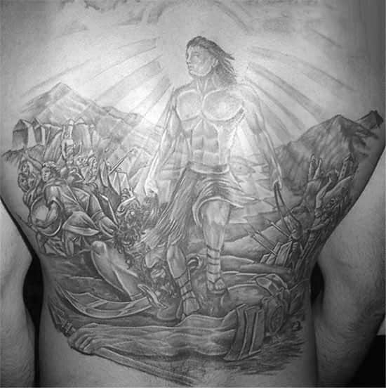 Full Back Male David And Goliath Shaded Tattoo Inspiration