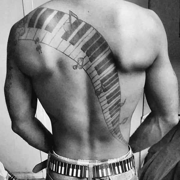 Full Back Male Piano Keys Tattoo Ideas With Black Ink Design