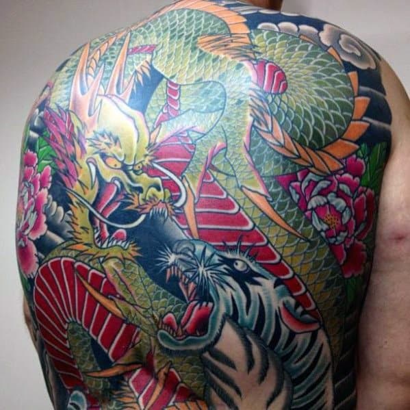 Full Back Male Tiger Dragon Tattoo Design Inspiration