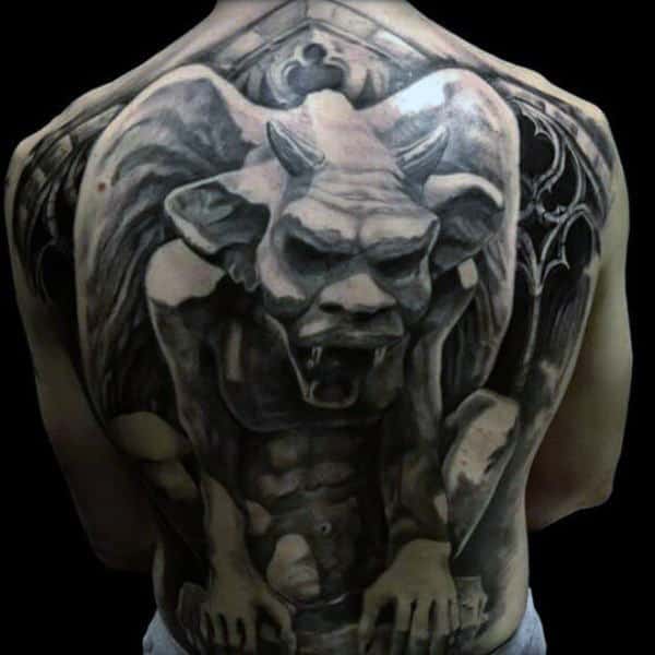 Full Back Manly Mens Dark Gargoyle Tattoo With 3d Design
