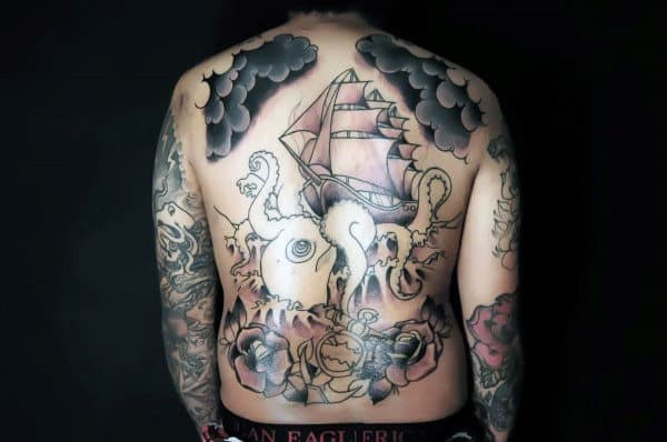 Full Back Mascline Black Ink Outline Male Kraken Tattos