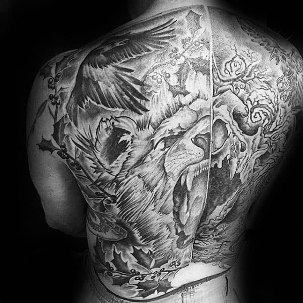 Full Back Masculine Guys Lion Skull Tattoos