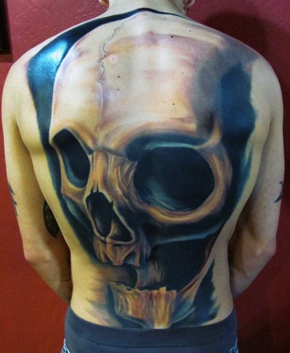 Full Back Mens 3d Realistic Skull Tattoo Design Ideas