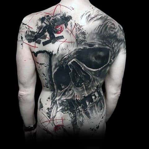 Full Back Mens 3d Trash Polka Skull Tattoo