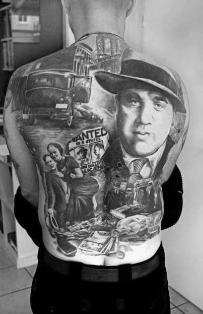 Full Back Mens Gangster Themed Tattoo Design Ideas