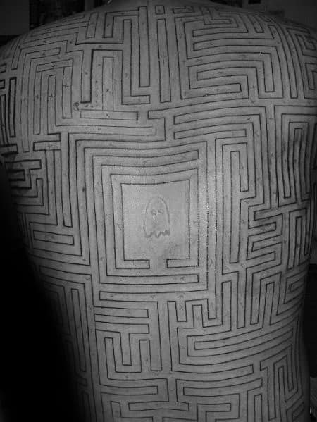 Full Back Mens Pacman Maze Tattoo With Black Ink Outline Design