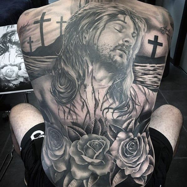 Full Back Mens Rose And Cross Jesus Tattoos