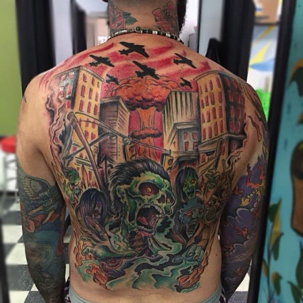 Full Back Mens Zombie City Skyline Tattoo Ideas