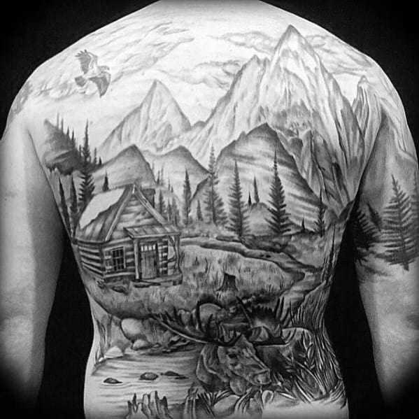 Full Back Nature Landscape With Cabin Mens Tattoos