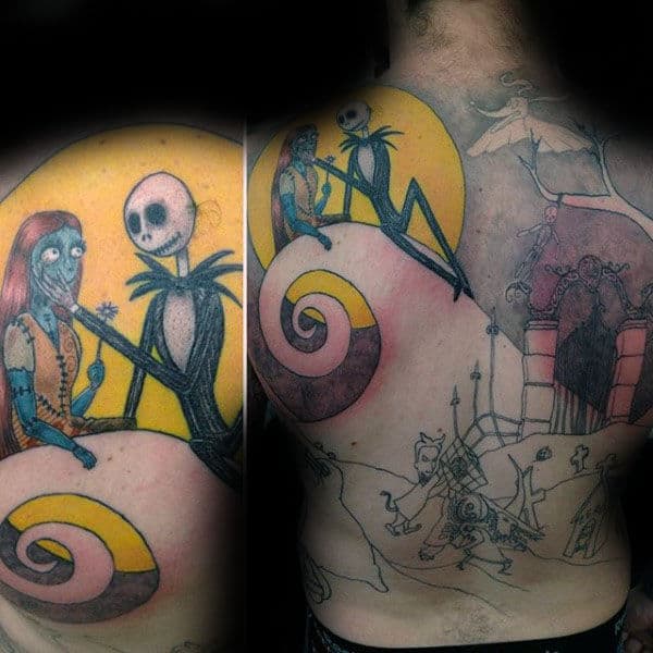 Full Back Night Before Christmas Male Tattoo Of Jack With Sally