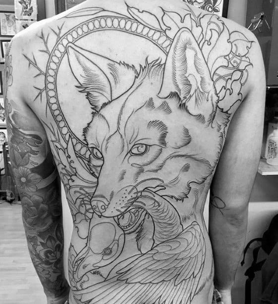 Large back tattoo featuring a fierce fox biting a swan, surrounded by abstract elements and bold linework for a dramatic narrative design.
