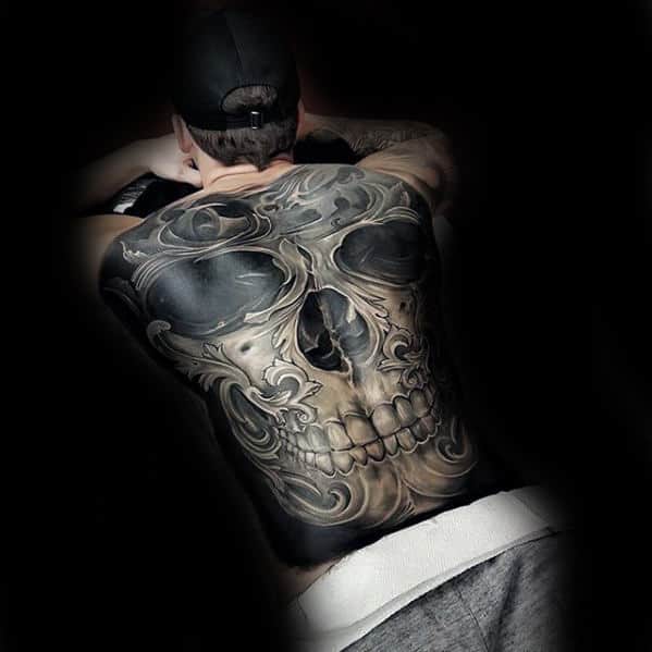 Full Back Ornate 3d Skull Tattoo Ideas For Men