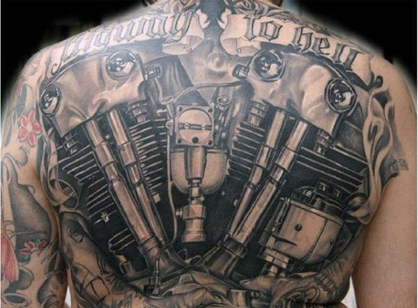 Full Back Realistic Engine Biker Tattoos Designs For Males
