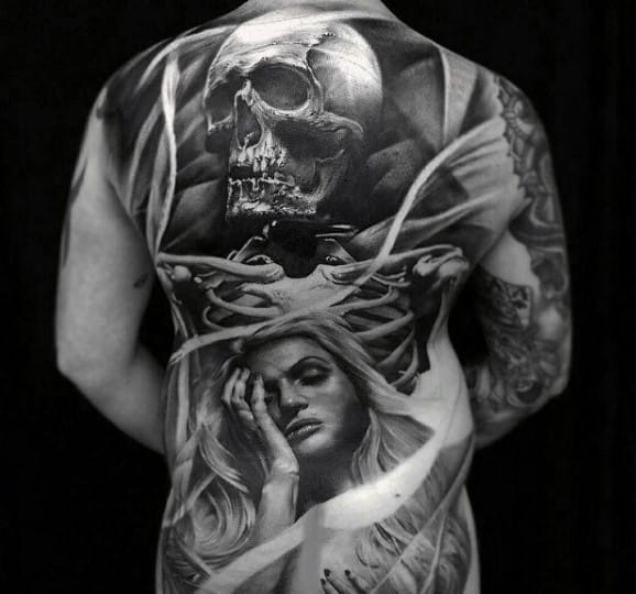 Full Back Realistic Skeleton With Female Portrait Male Life Death Tattoos