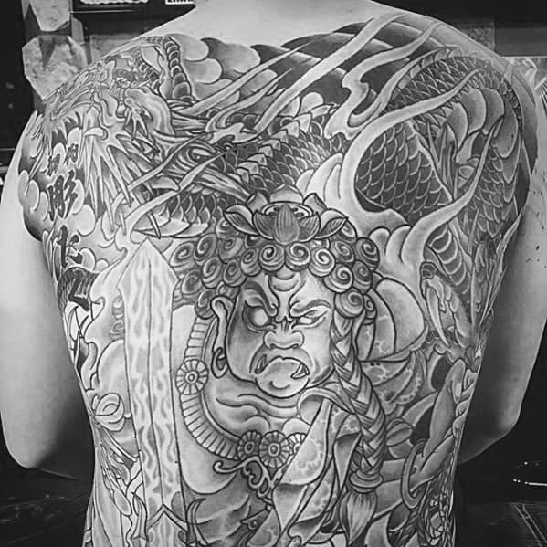 Full Back Shaded Fudo Myoo Mens Tattoo Designs