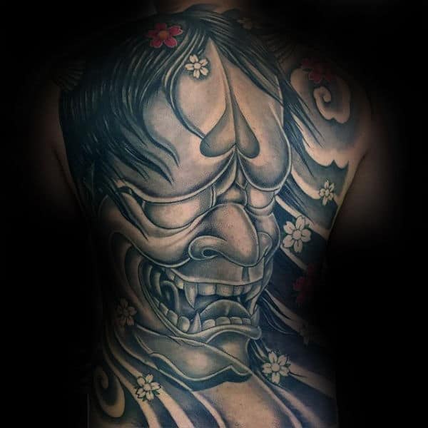 Full Back Shaded Hannya Mask Tattoos For Males