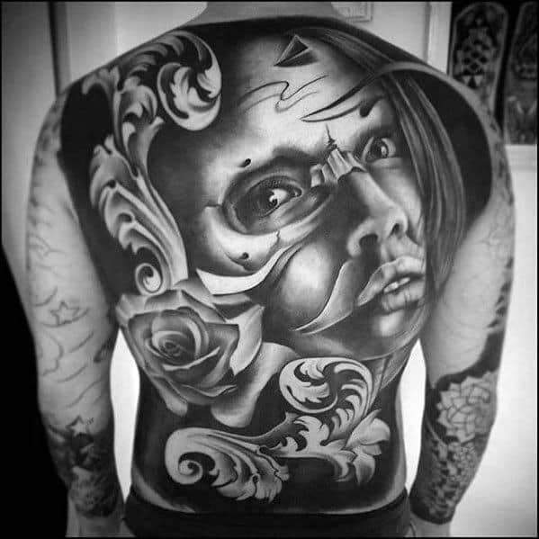 Full Back Shaded Ornate Female Portrait Rad Tattoos Men