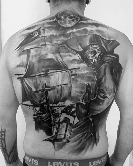 Full Back Skeleton Ship Pirate Flag Mens Tattoos