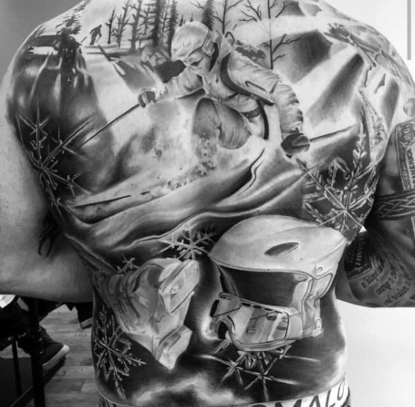 Full Back Skiing Themed Guys Realistic Tattoos