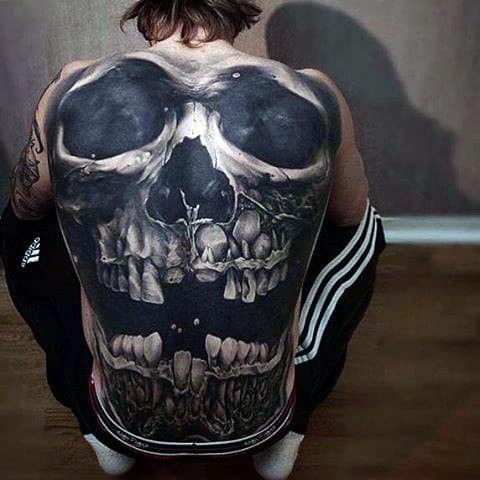 Full Back Skull Themed 3d Realistic Tattoo Ideas For Guys