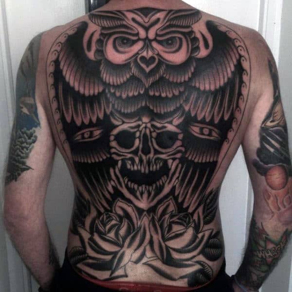 Full Back Skull With Owl Guys Amazing Traditional Tattoo Deisgns
