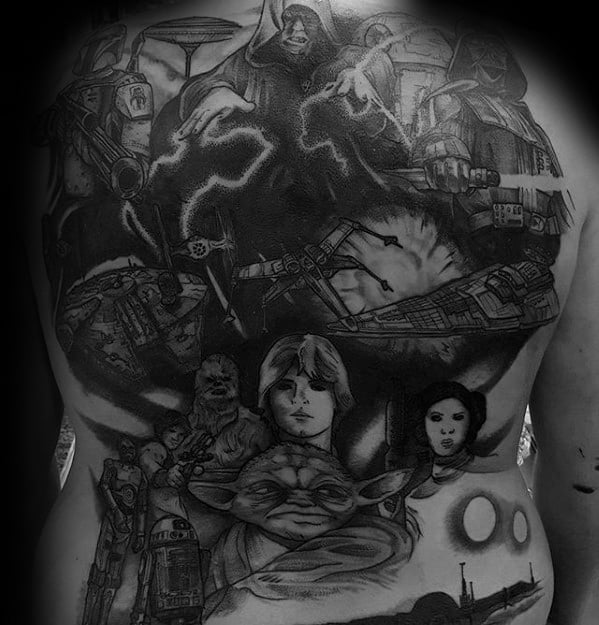 Star Wars back tattoo featuring Darth Vader, Death Star, Emperor Palpatine, Luke Skywalker, Yoda, Leia, and ships