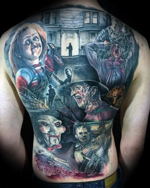 Full horror-themed back tattoo featuring Chucky, Freddy Krueger, Jason Voorhees, Jigsaw, and other iconic characters in a dark, detailed design.