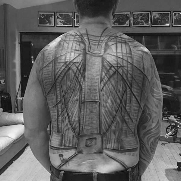 Full Back Tattoo Of Brooklyn Bridge On Man