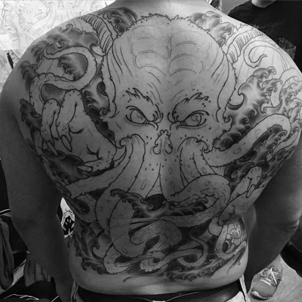 Full Back Tattoo Of Cthulhu On Man