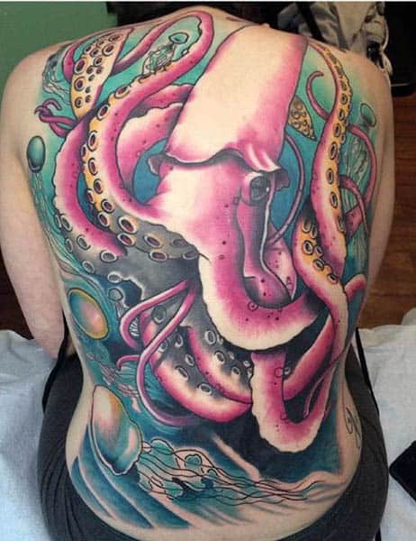 Full Back Tattoo Of Giant Squid And Jelly Fish For Men In Pink And Blue Ink