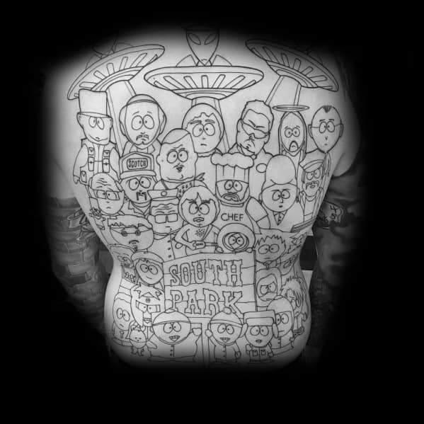 Massive black and white South Park tattoo covering the entire back, featuring multiple characters and UFOs in a detailed line-art style.