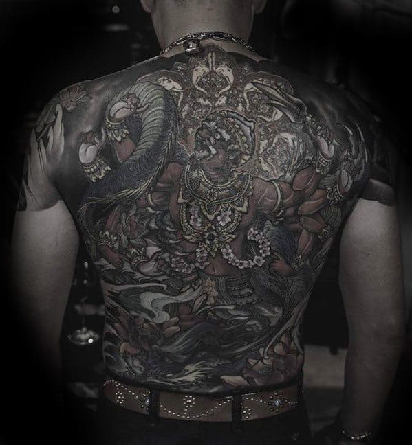Full Back Themed Hanuman Guys Tattoos