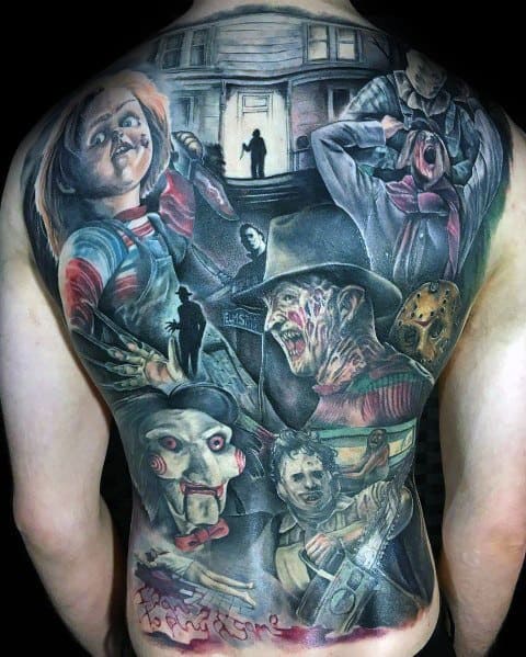 Full back tattoo featuring iconic horror movie villains like Chucky, Freddy Krueger, Leatherface, Billy the Puppet, and Jason Voorhees in vivid detail.