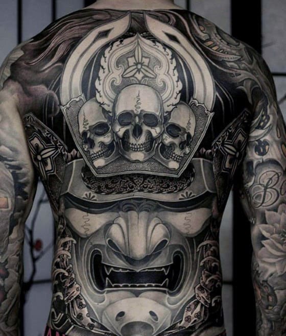 Full Back Unbelievable Samuari Mask Mens Tattoo Design Ideas