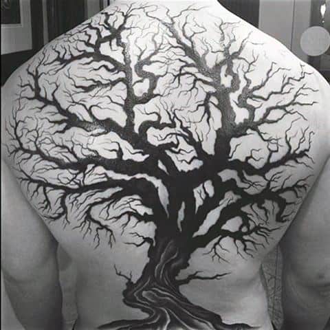 Full Back Unique Black Ink Tree Branches Mens Tattoo