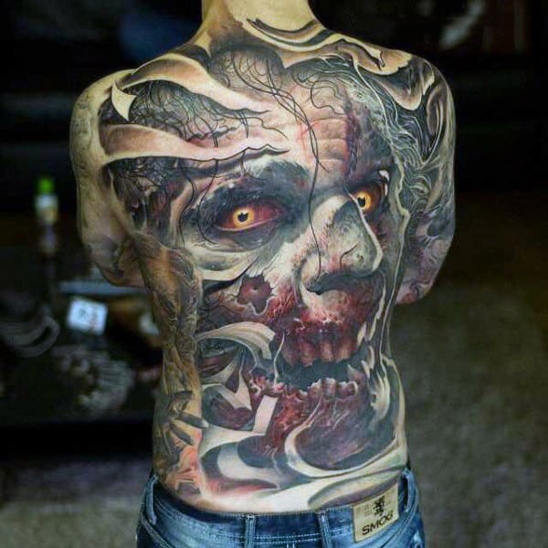 Full Back Zombie Face Tattoo On Man With Blood On Mouth