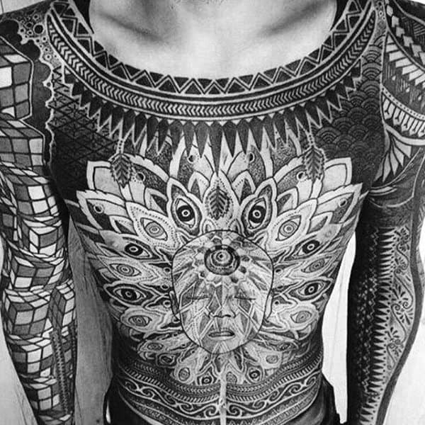 Full Body Chest Mens Blackwork Tattoos