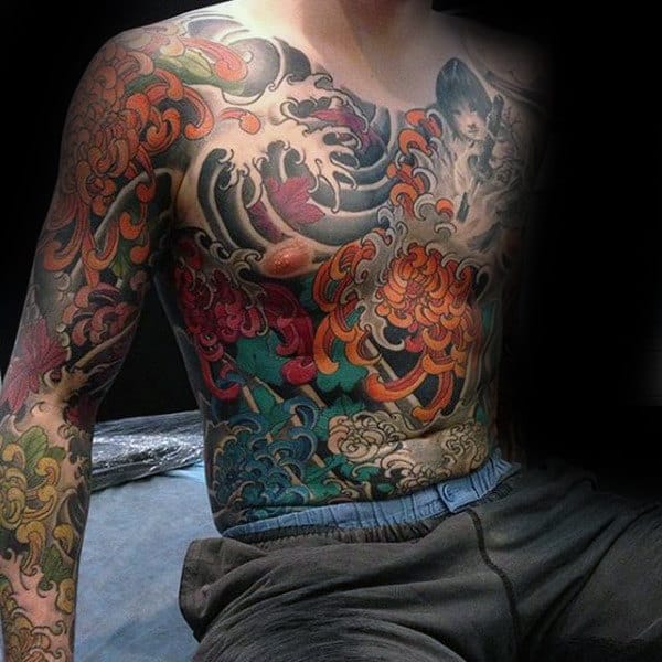 Full Body Male Chrysanthemum Flower Japanese Tattoo Designs