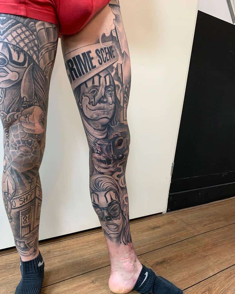 Black and grey tattoo leg sleeve, featuring a 'Crime Scene' motif, a three clown face, gun, knife, spiderweb, car, tattoo shop, smoke and chain