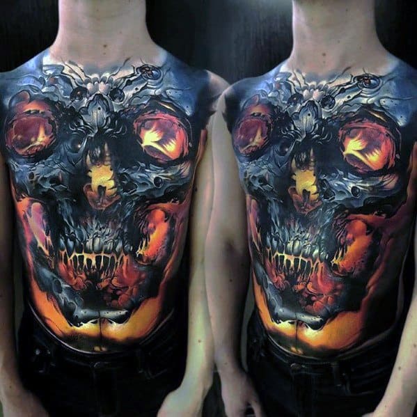 Full Chest 3d Glowing Badass Skull Tattoo Ideas For Gentlemen