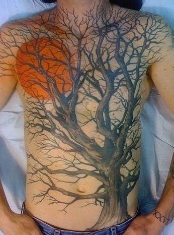 Full Chest And Shoulders Tree And Orange Sun Mens Tattoo Design Idea