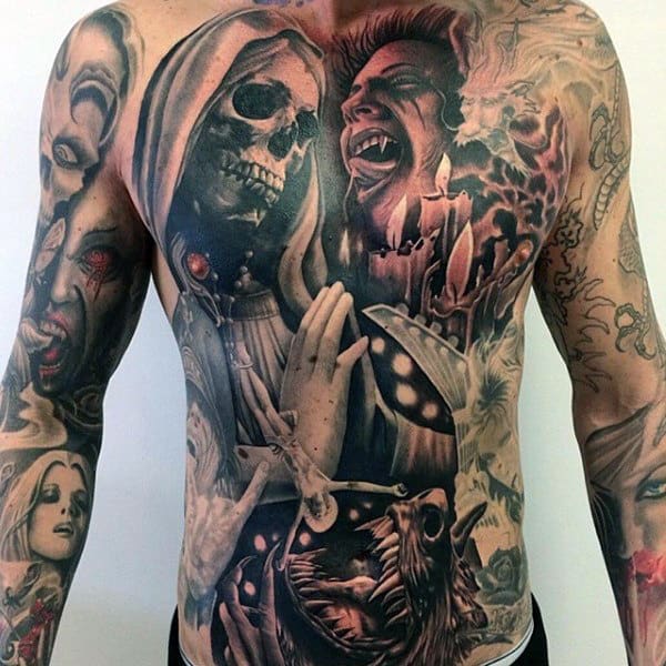 Full Chest And Stomach Vampire Tattoos For Men