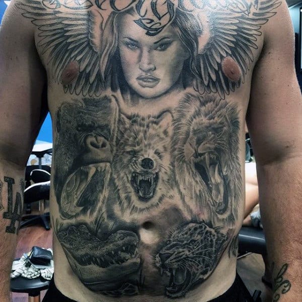 Full Chest Animal Themed Male Leopard Tattoo Designs