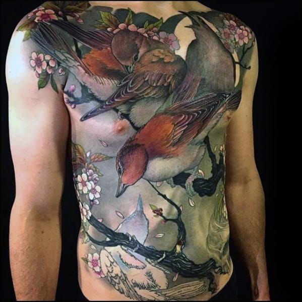 Full Chest Birds In Tree Branch 3d Guys Rad Tattoos