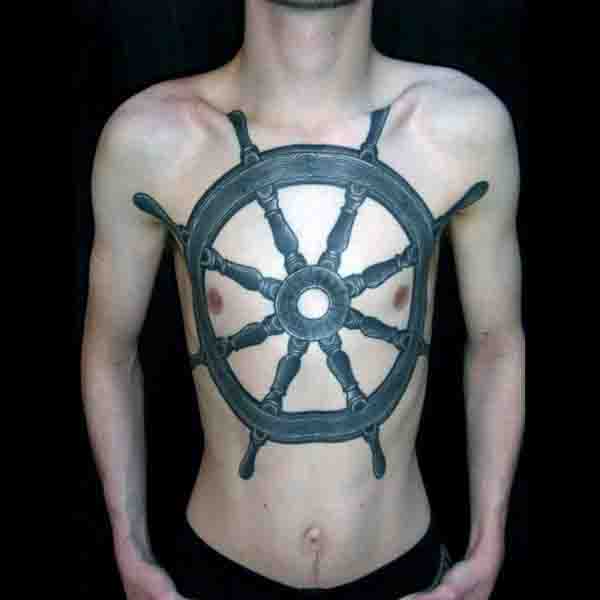 Full Chest Black Ship Wheel Tattoo Design For Men