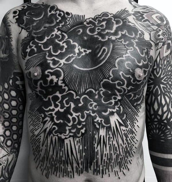 Full Chest Blackwork Mens Tattoo With Thunderstorm Design
