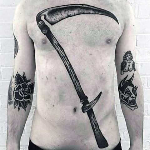 Full Chest Detailed Scythe Tattoos Men