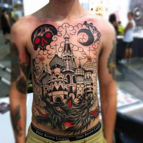 Full Chest Dragon Skull Castle Male Tattoo Inspiration