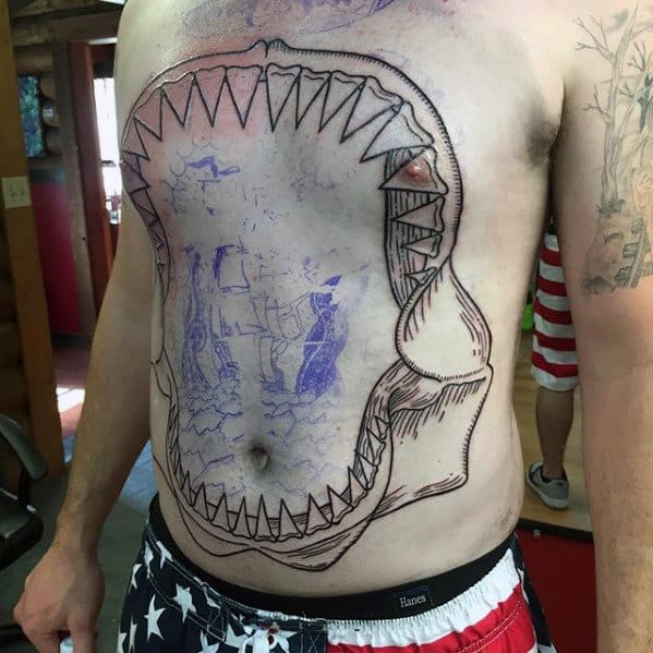 Full Chest Guys Giant Shark Jaw Tattoo Designs