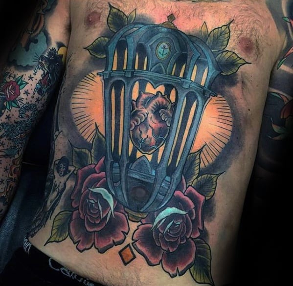 Full Chest Guys Tattoos With Lantern Heart And Rose Flowers Design